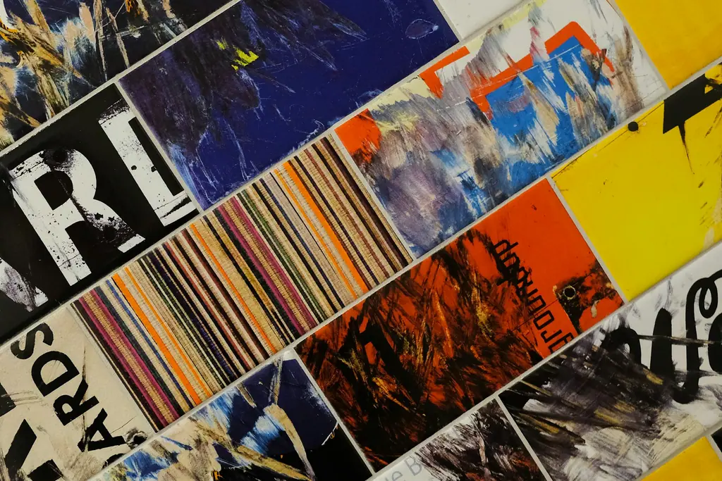 Colourful abstract print collage representing the elements of a brand identity system