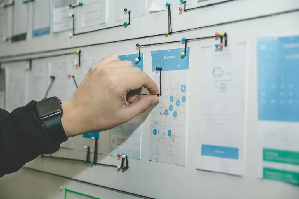 Hand pinning a user journey map to a wall during a design process workshop
